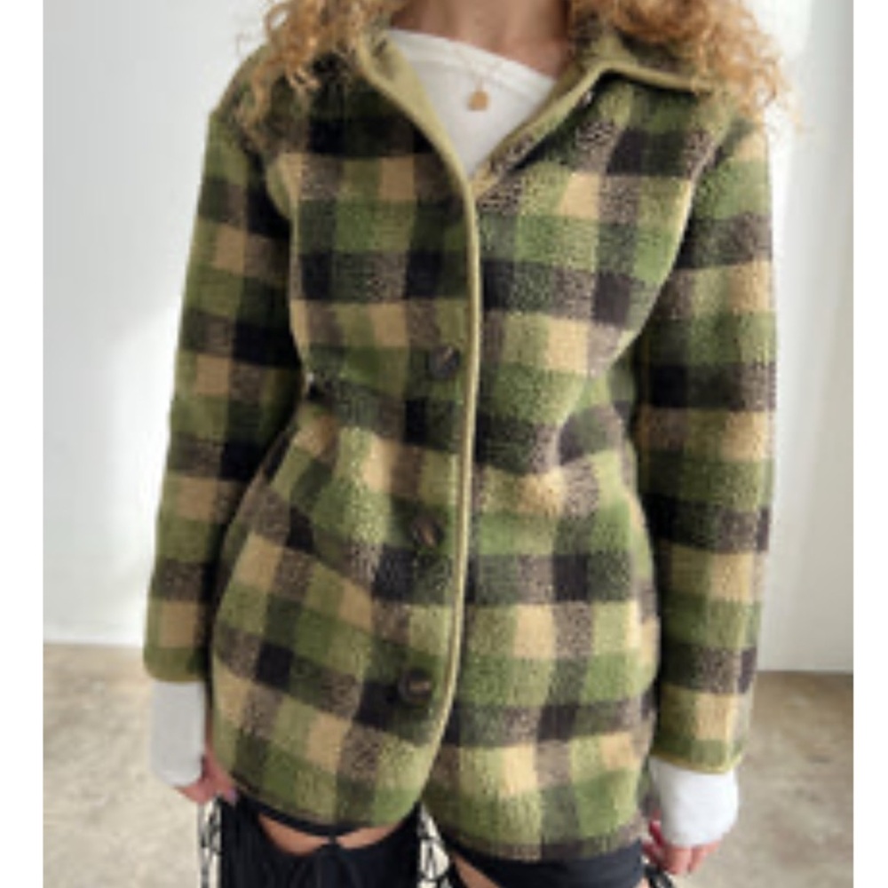 Lisa Says Gah! Jesse Sherpa Plaid Green and Black Women's Jacket